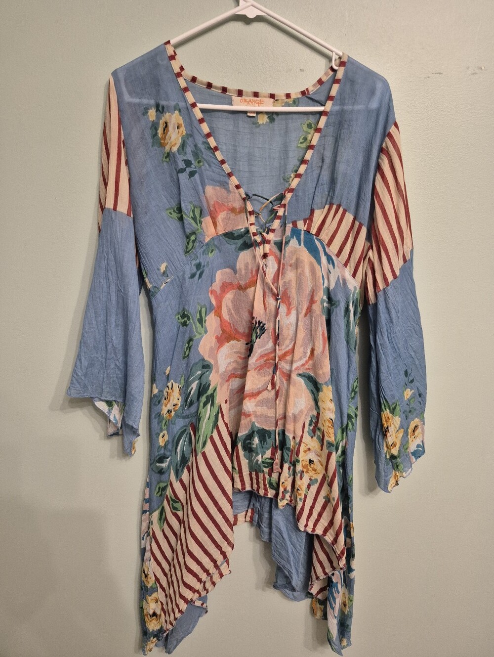 Orange Women's Boho Festival Blue Floral Striped Lace-Up V-Neck Tunic Size S/M - Picture 2 of 11